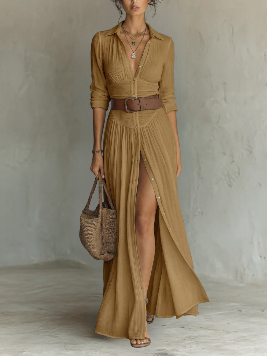 Vestido maxi largo de lino y algodón con cuello de solapa y mangas largas