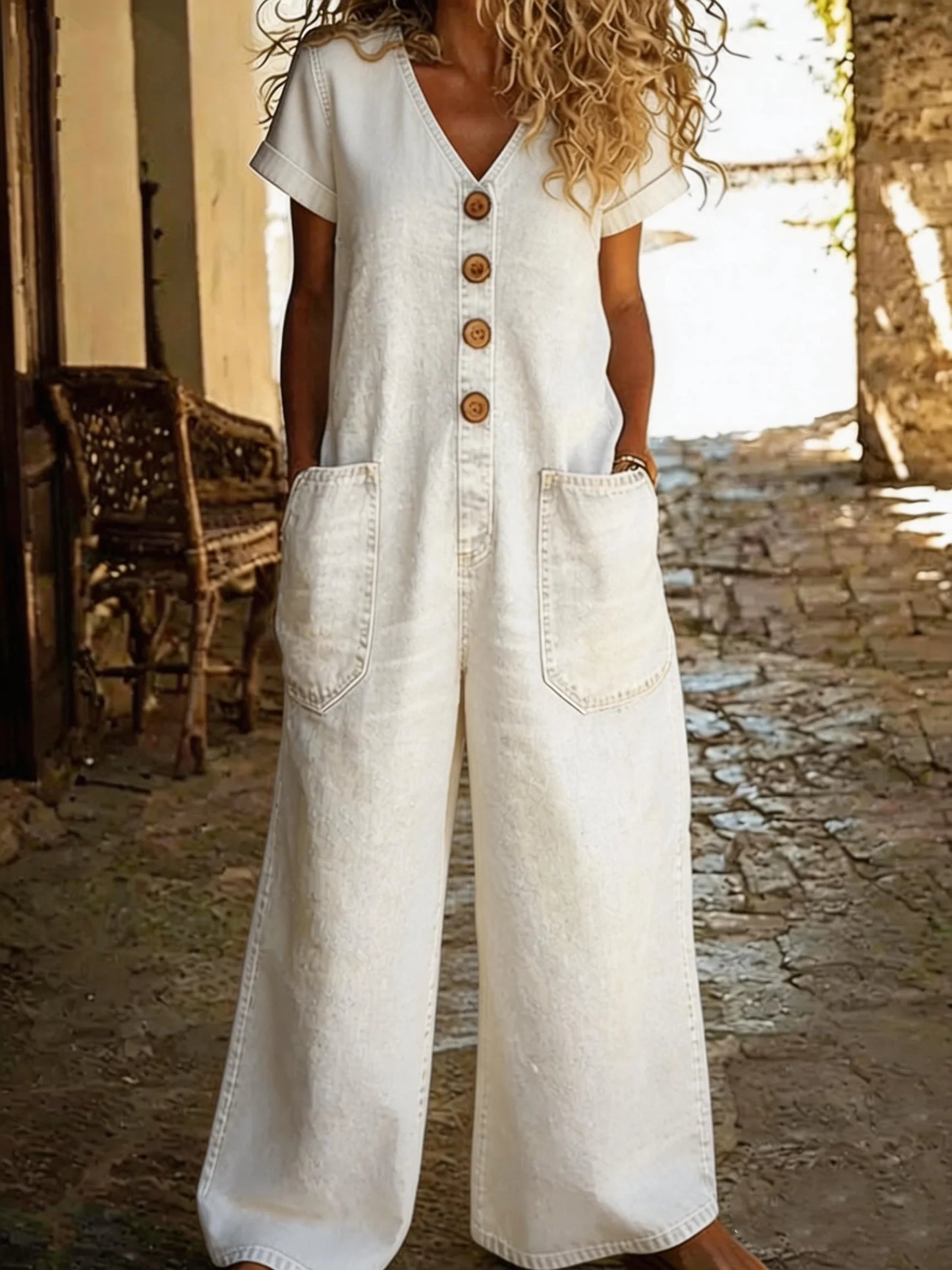 Denise | Mono denim con escote en V y mangas cortas