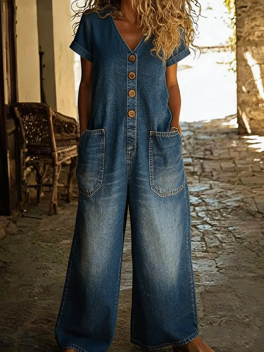 Denise | Mono denim con escote en V y mangas cortas