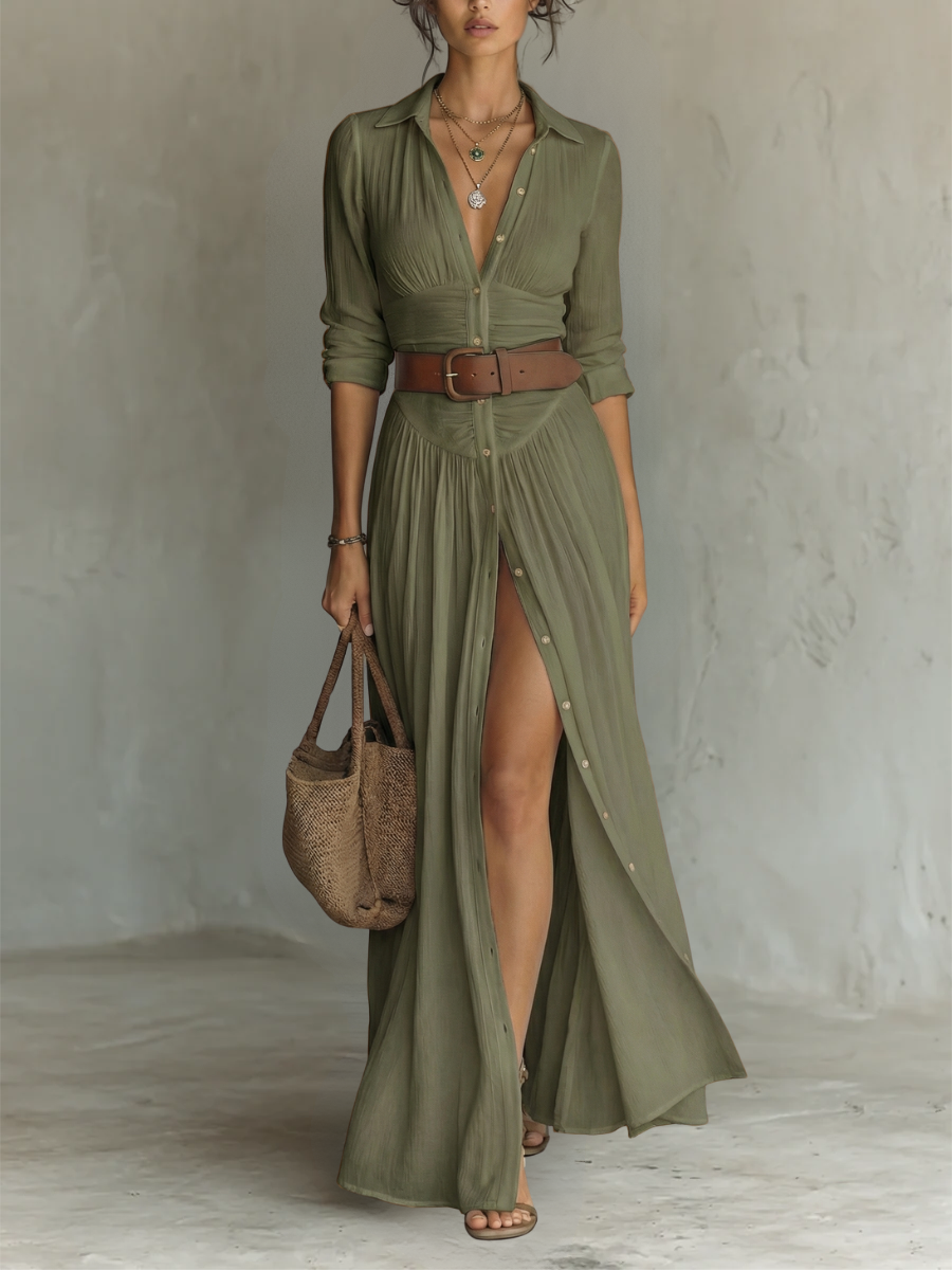 Vestido maxi largo de lino y algodón con cuello de solapa y mangas largas