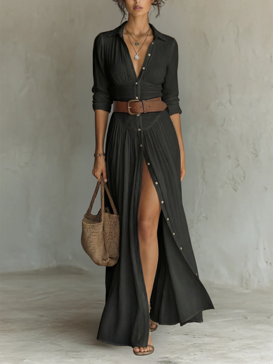 Vestido maxi largo de lino y algodón con cuello de solapa y mangas largas