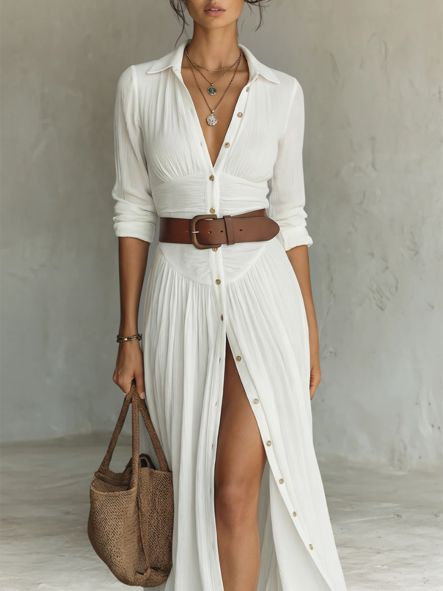Vestido maxi largo de lino y algodón con cuello de solapa y mangas largas