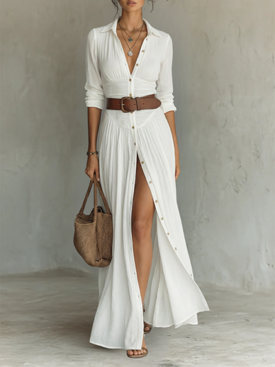 Vestido maxi largo de lino y algodón con cuello de solapa y mangas largas