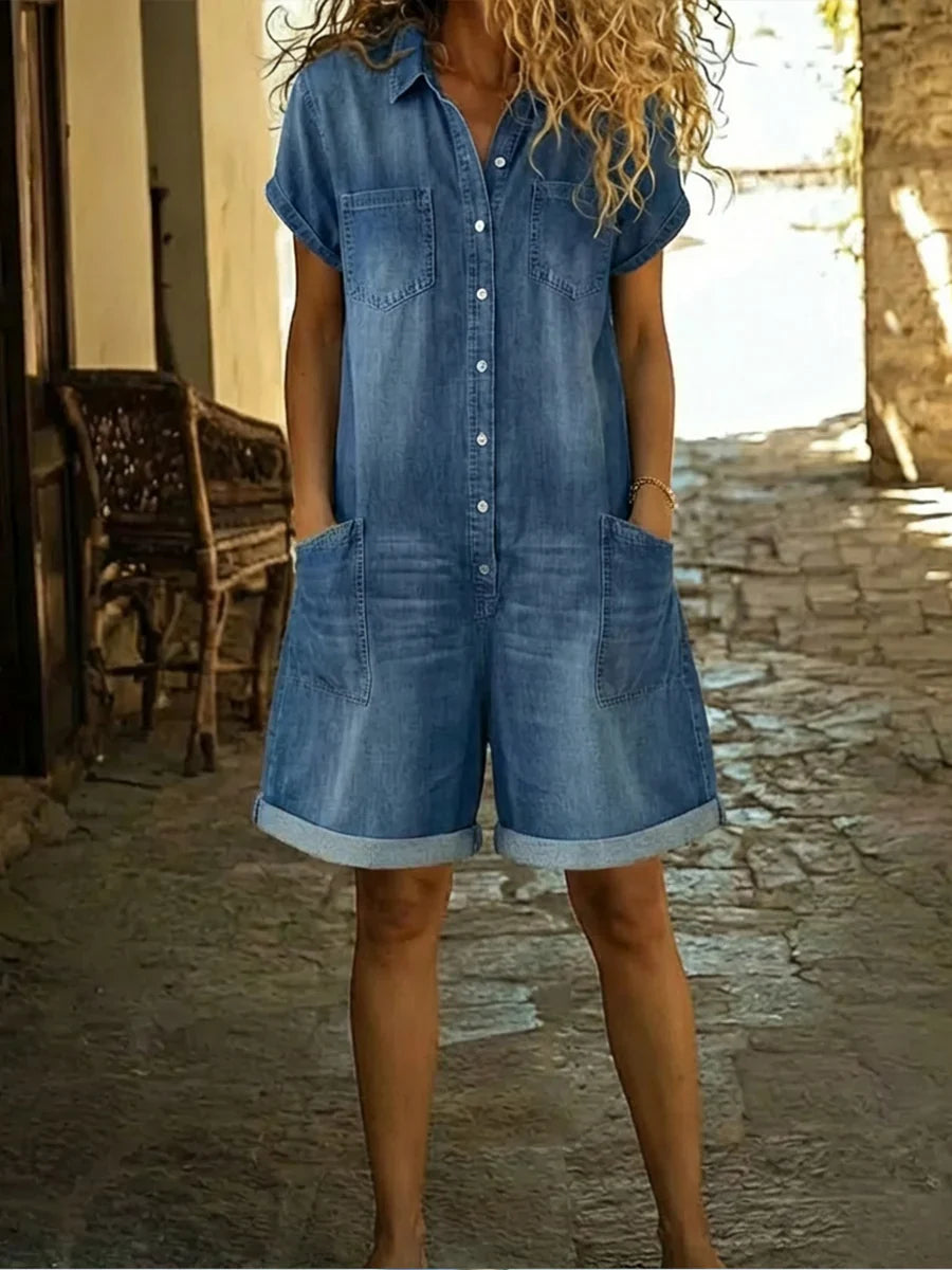 Elvora | Mono corto denim con cuello y mangas cortas