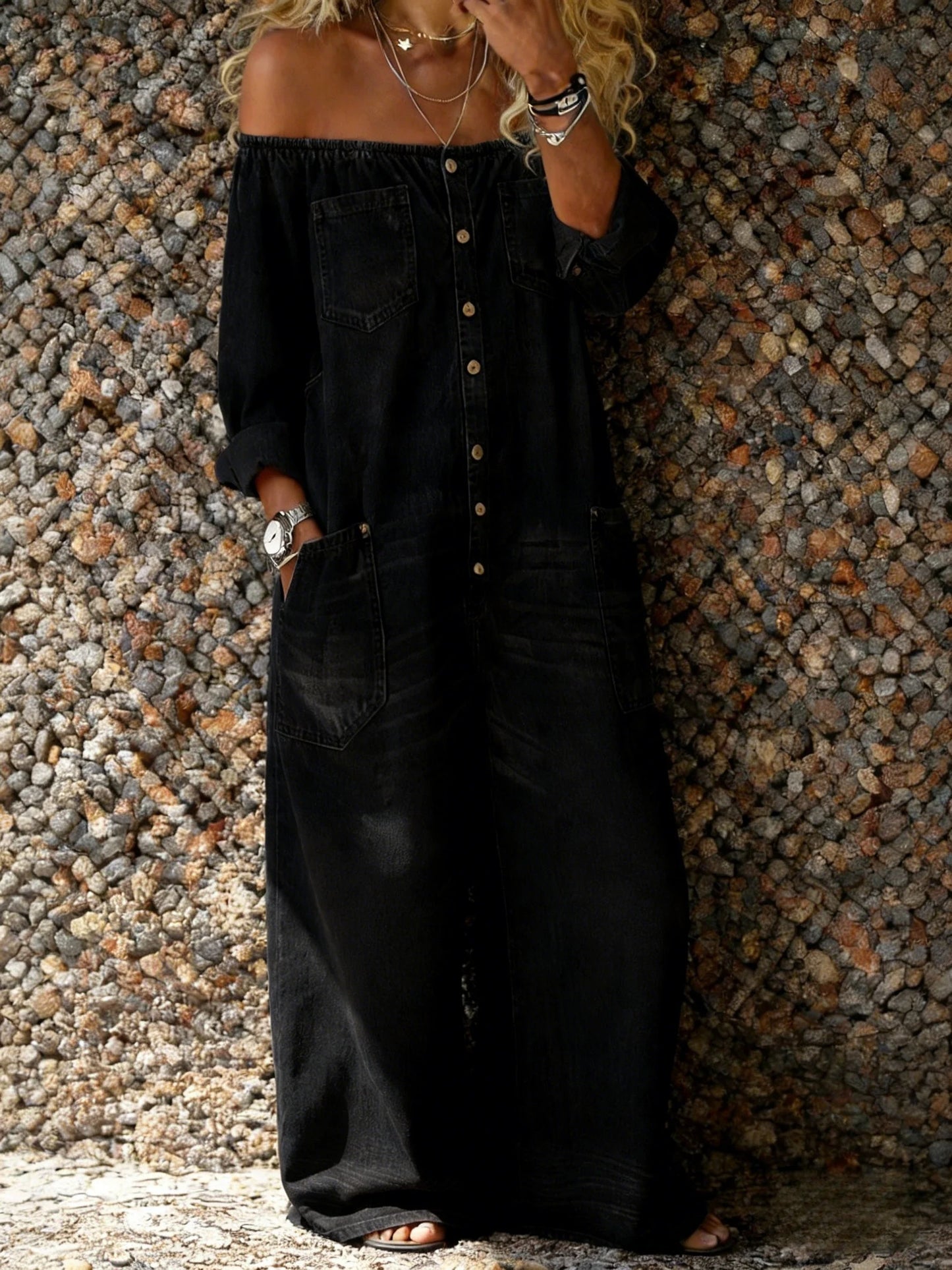 Noa | Mono denim con hombros descubiertos