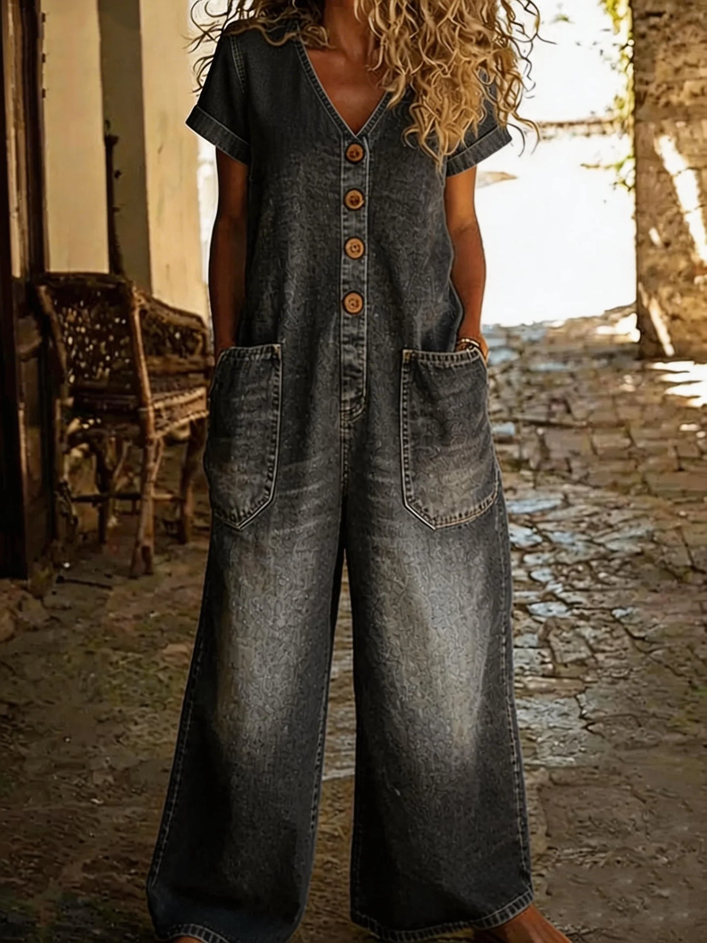 Denise | Mono denim con escote en V y mangas cortas