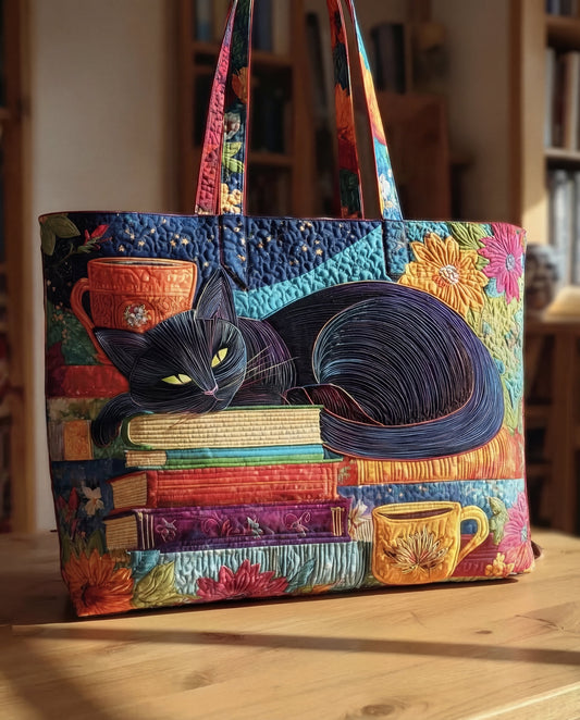 Bolso Artesanal “Gato Negro con Libros y Tazas”