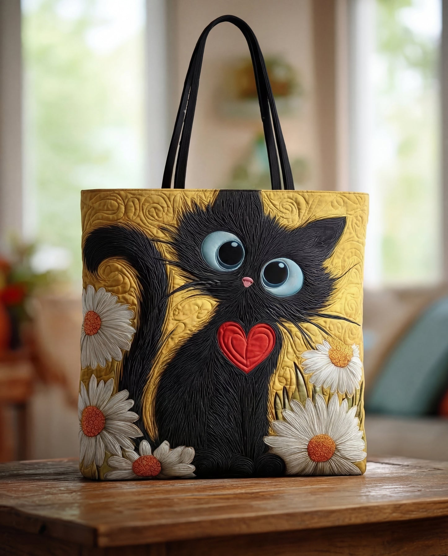 Bolso Artesanal “Gato Negro con Corazón y Margaritas”