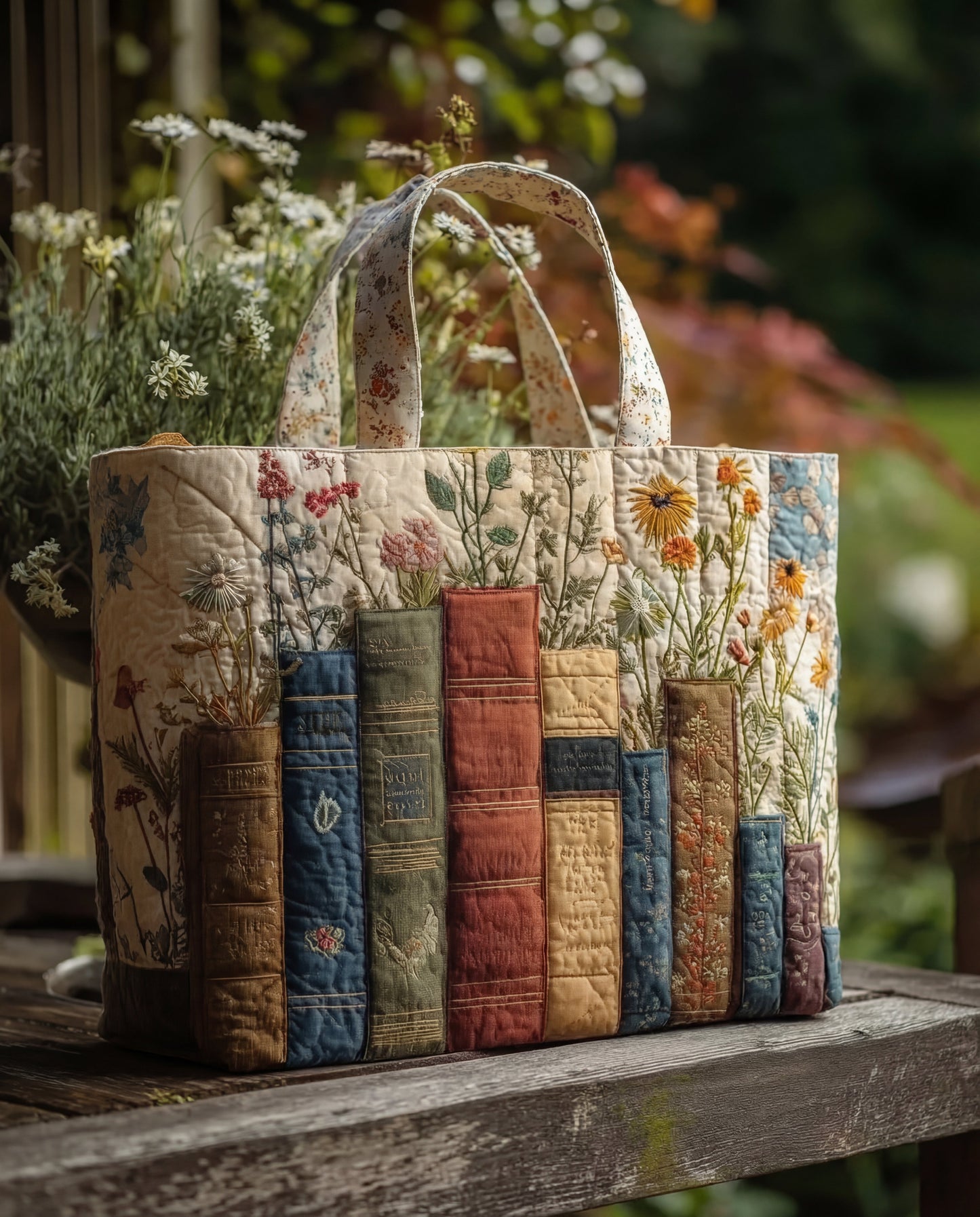 Bolso Artesanal Acolchado "Libros y Flores"